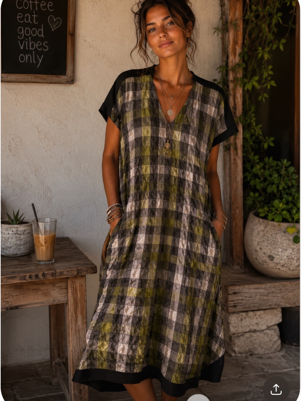 My Soul Boho Women’s V-Neck Plaid Midi Dress in Olive and Black, size M, NWT $60